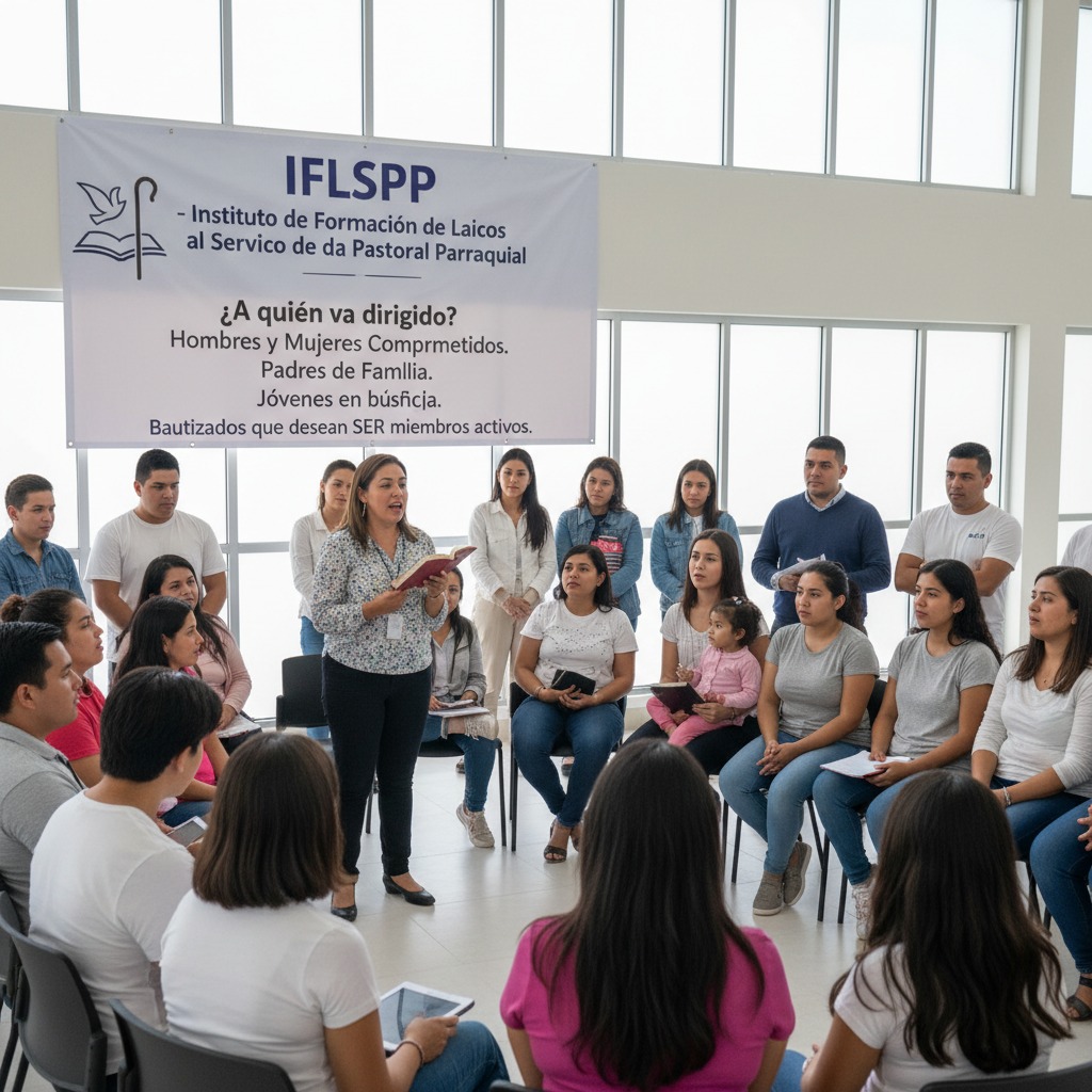 Una mujer dirige una charla frente a un grupo de personas sentadas en círculo bajo un cartel del Instituto de Formación de Laicos.