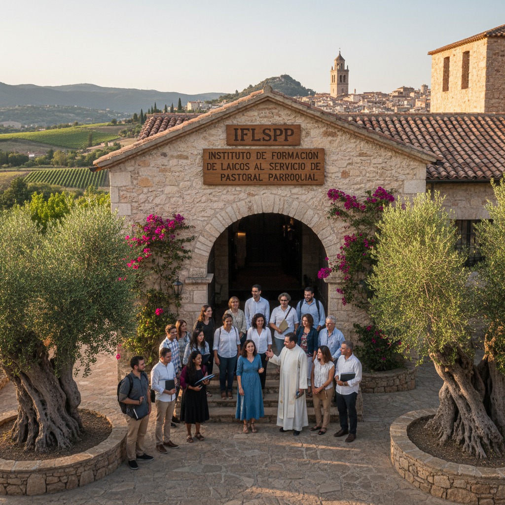 Un grupo de personas se reúne frente a la entrada de piedra del Instituto de Formación de Laicos al Servicio de Pastoral Parroquial, rodeado de olivos y un paisaje rural.